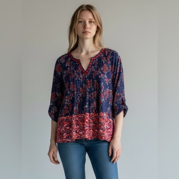 Vintage America Tops - Vintage America Jolita Top V Neck 3/4 Roll Tab Sleeves Navy Print Size M